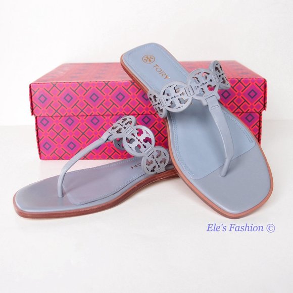 NIB Tory Burch Tiny Miller Logo Leather Thong Sandal Cloud Blue US 8.5 AUTHENTIC - Picture 6 of 16